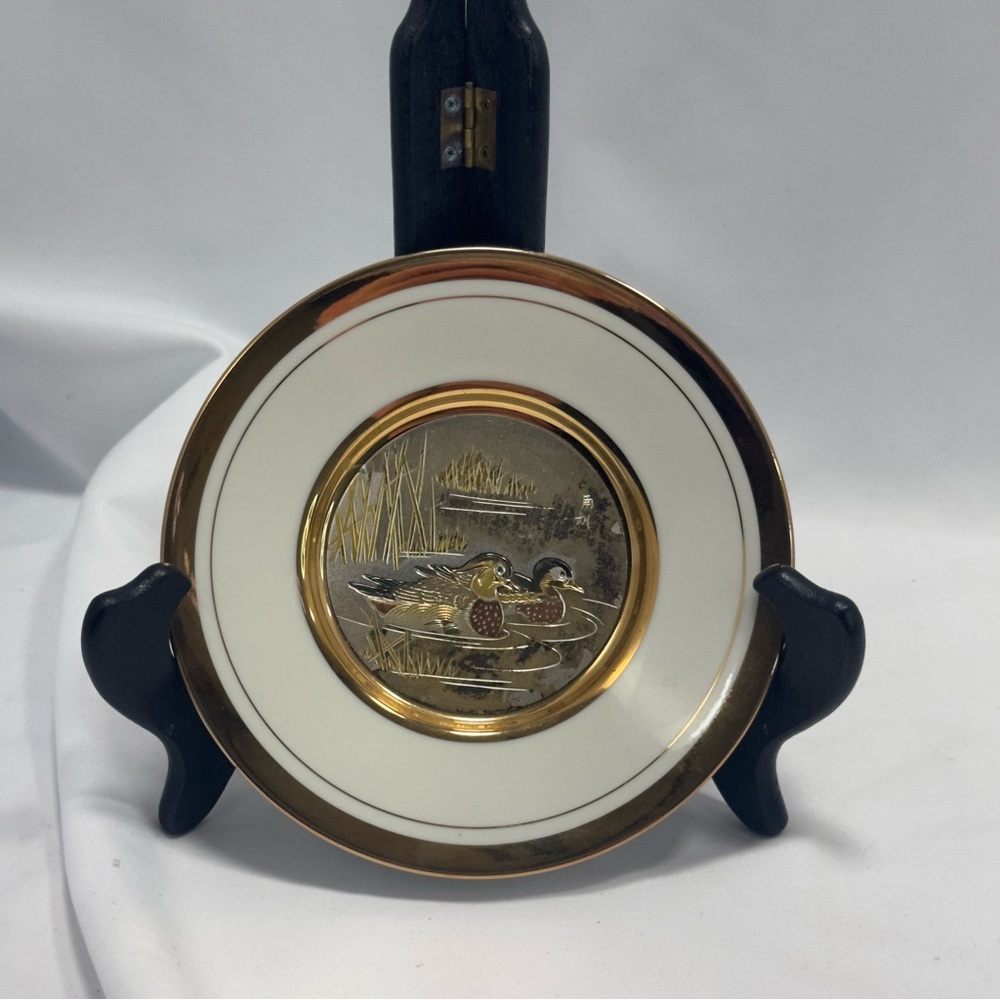 Vtg The Art of Chokin 24K Gold Rim Porcelain Plate 6" 2 Swimming Ducks Mallard